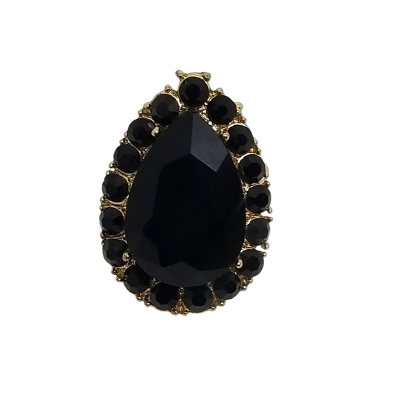 VINTAGE GOLDTONE WITH BLACK GLASS RHINESTONES STRETCH COCKTAIL RING - Picture 3 of 6